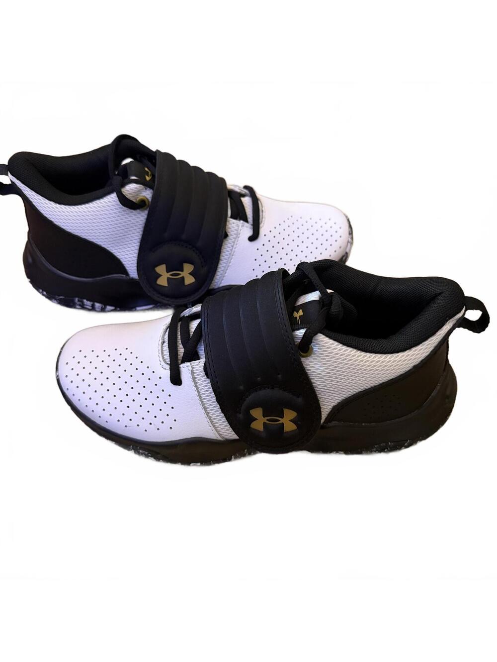 Under Armour Grade School Zone BB Basketball Shoes White Black Gold